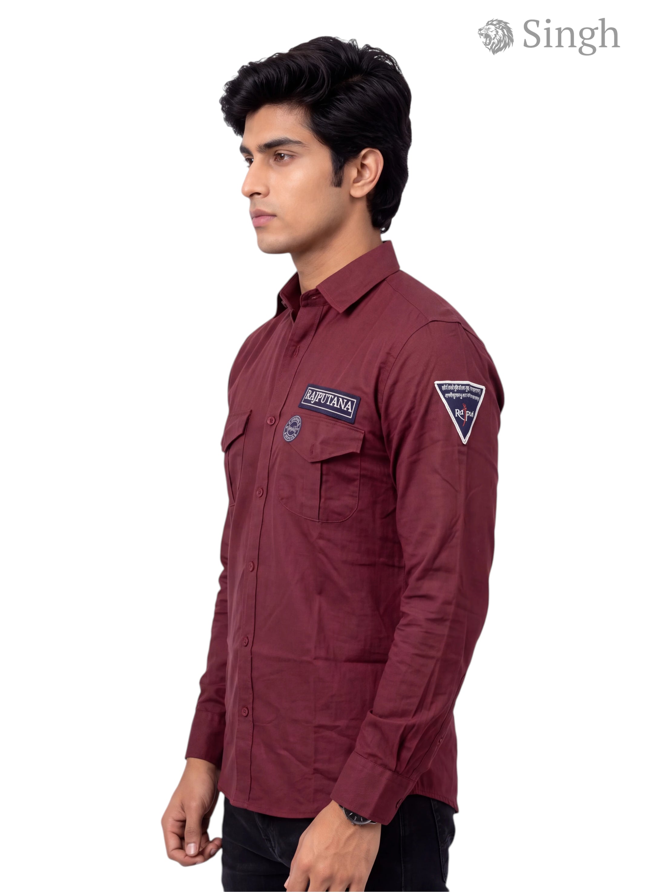 Men's burgundy cotton Singh RAJUTANA SHIRTS (MENS) F-23 shown from the side angle