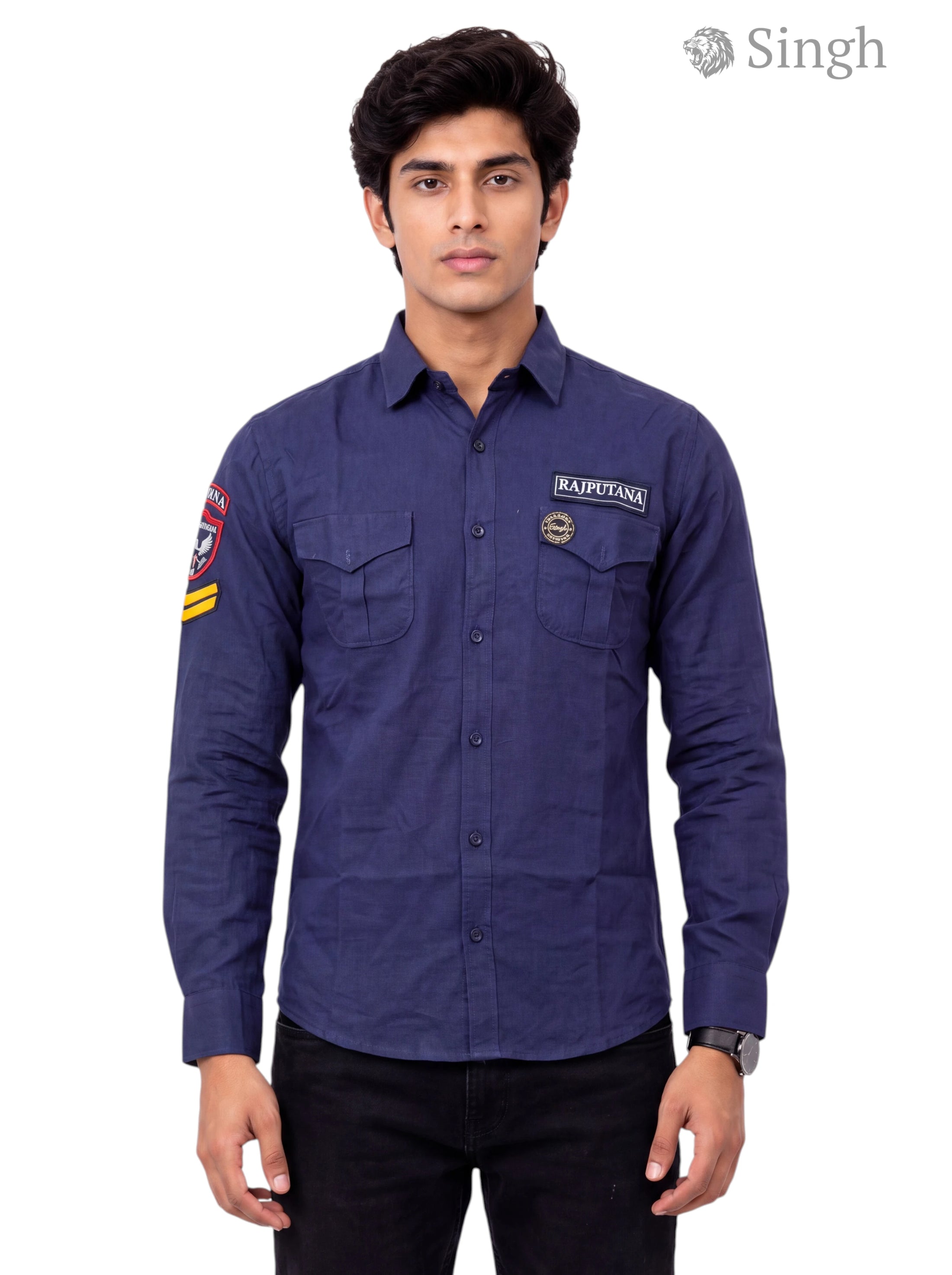 Men's navy blue cotton shirt with long sleeves and pockets - Singh RAJUTANA SHIRTS (MENS) F-23