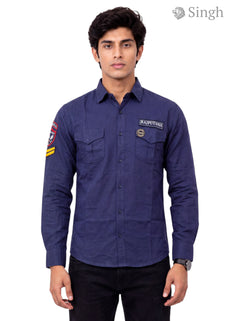 Men's navy blue cotton shirt with long sleeves and pockets - Singh RAJUTANA SHIRTS (MENS) F-23