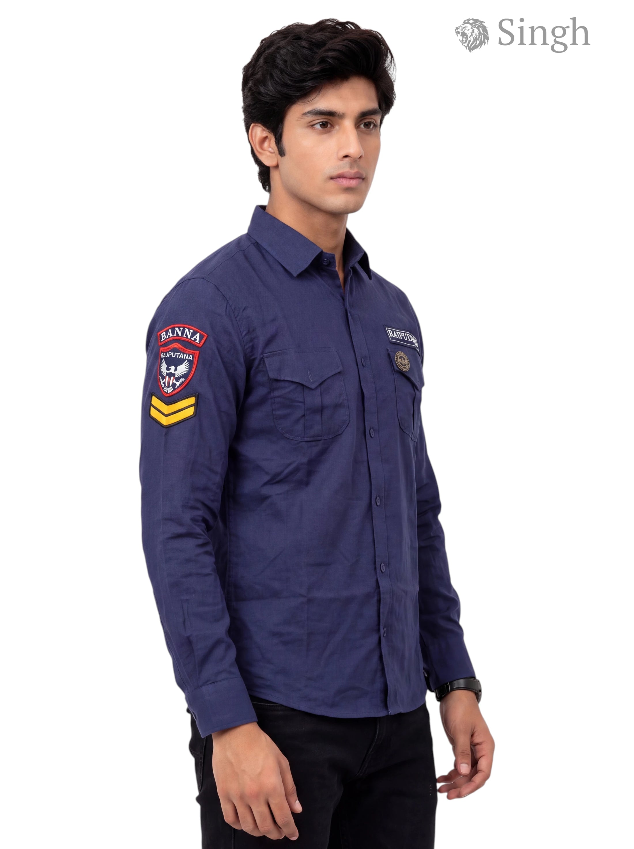 Men's navy blue Singh RAJUTANA SHIRTS (MENS) F-23 in lightweight fabric, side view