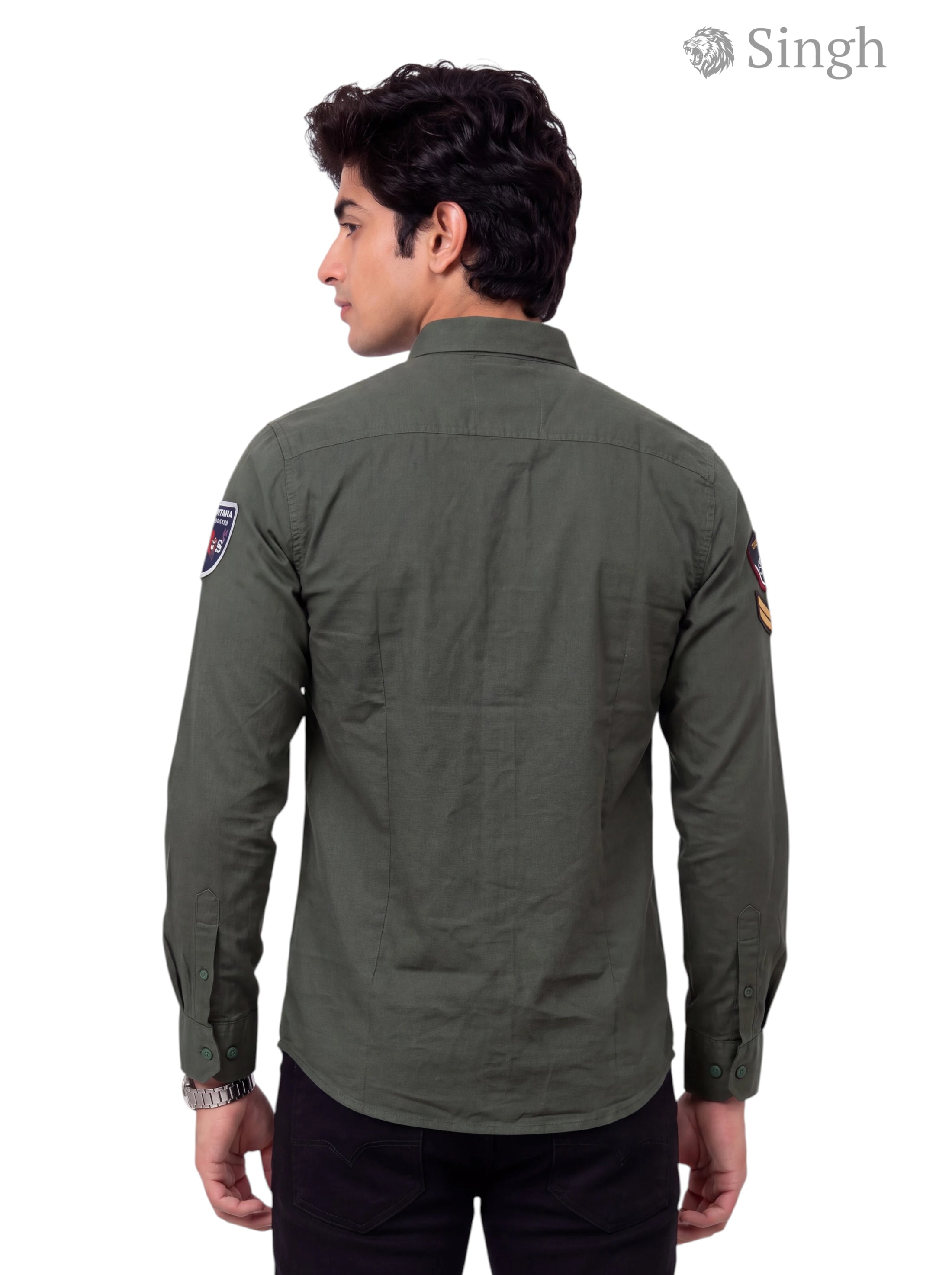Men's green cotton shirt from Singh with a back view showcasing style - Singh RAJUTANA SHIRTS (MENS) F-23