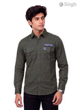 Men's Olive Green Cotton Shirt from Singh, F-23 featuring Rajutana logo on the chest