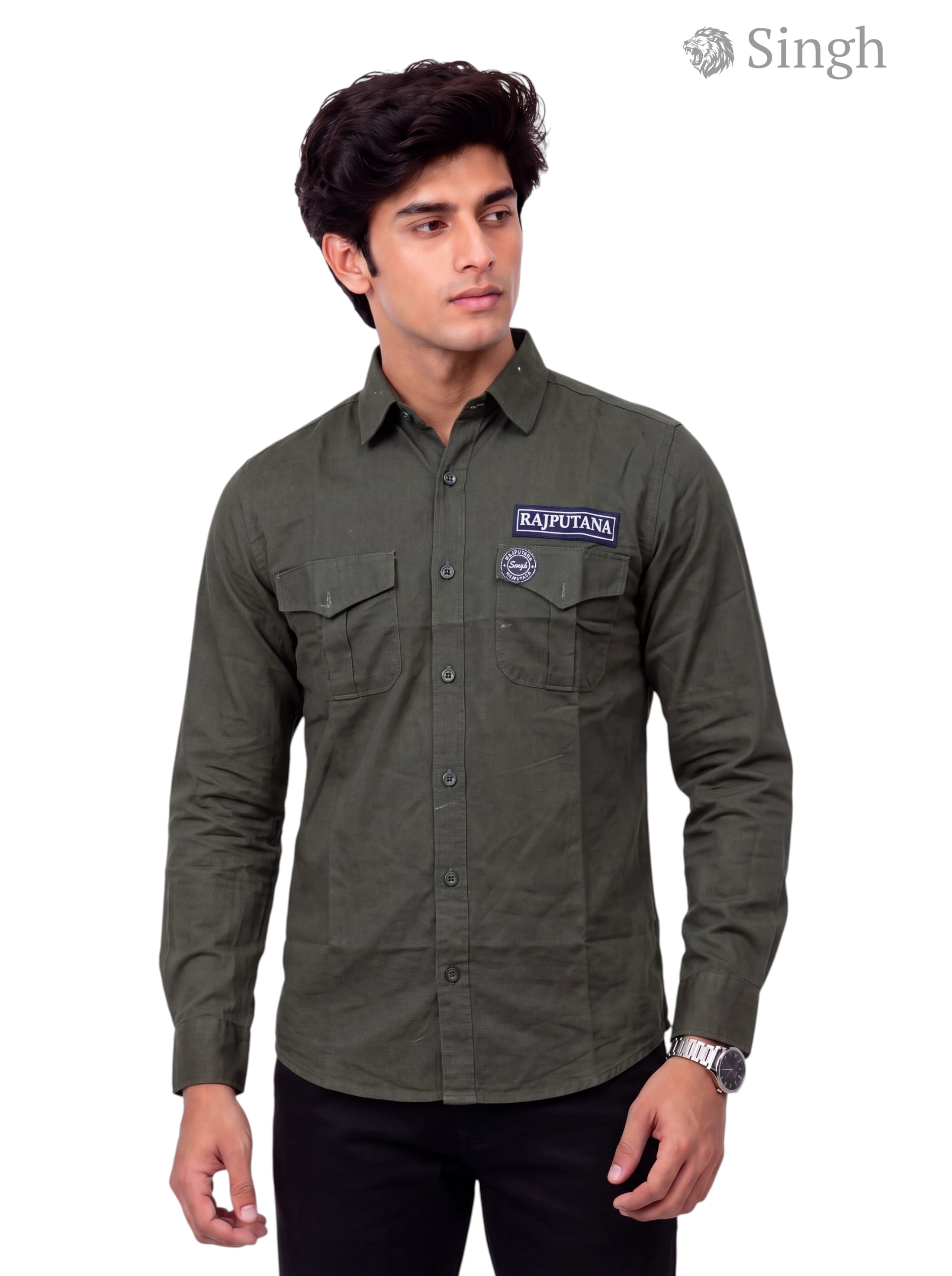Men's Olive Green Cotton Shirt from Singh, F-23 featuring Rajutana logo on the chest
