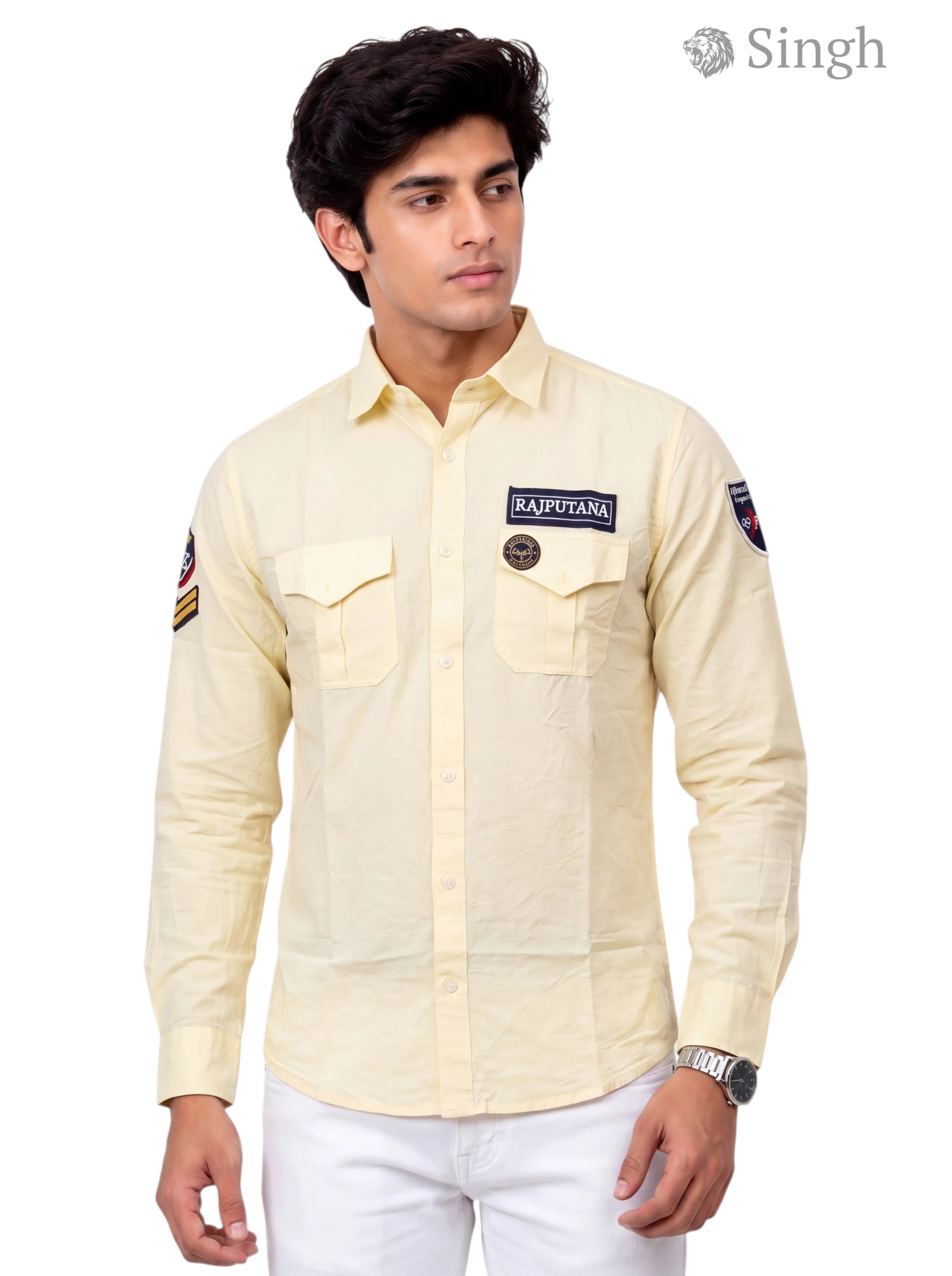 Men's yellow cotton shirt, front view featuring Singh RAJUTANA SHIRTS (MENS) F-23 with embroidered patches