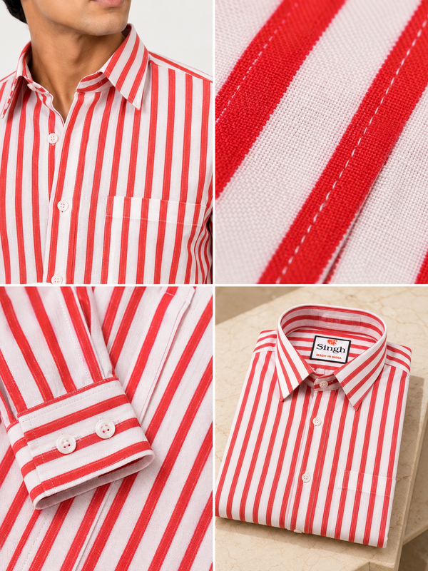 SINGH red and white striped shirt collar fabric cuff and folded details