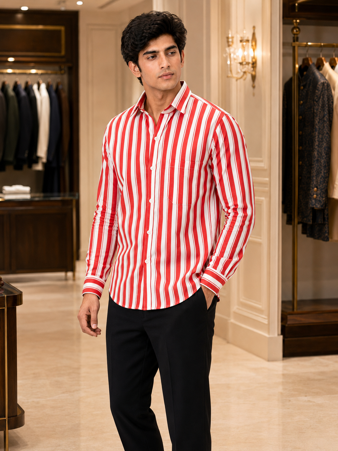 SINGH red and white striped shirt FG06620-8 45 degree fit view