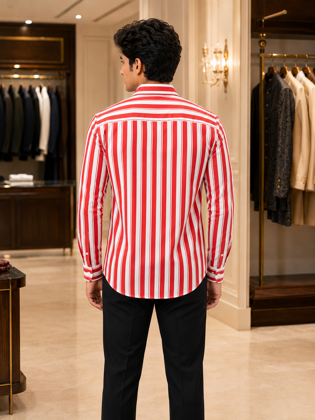SINGH red and white striped full sleeve shirt FG06620-8 back view