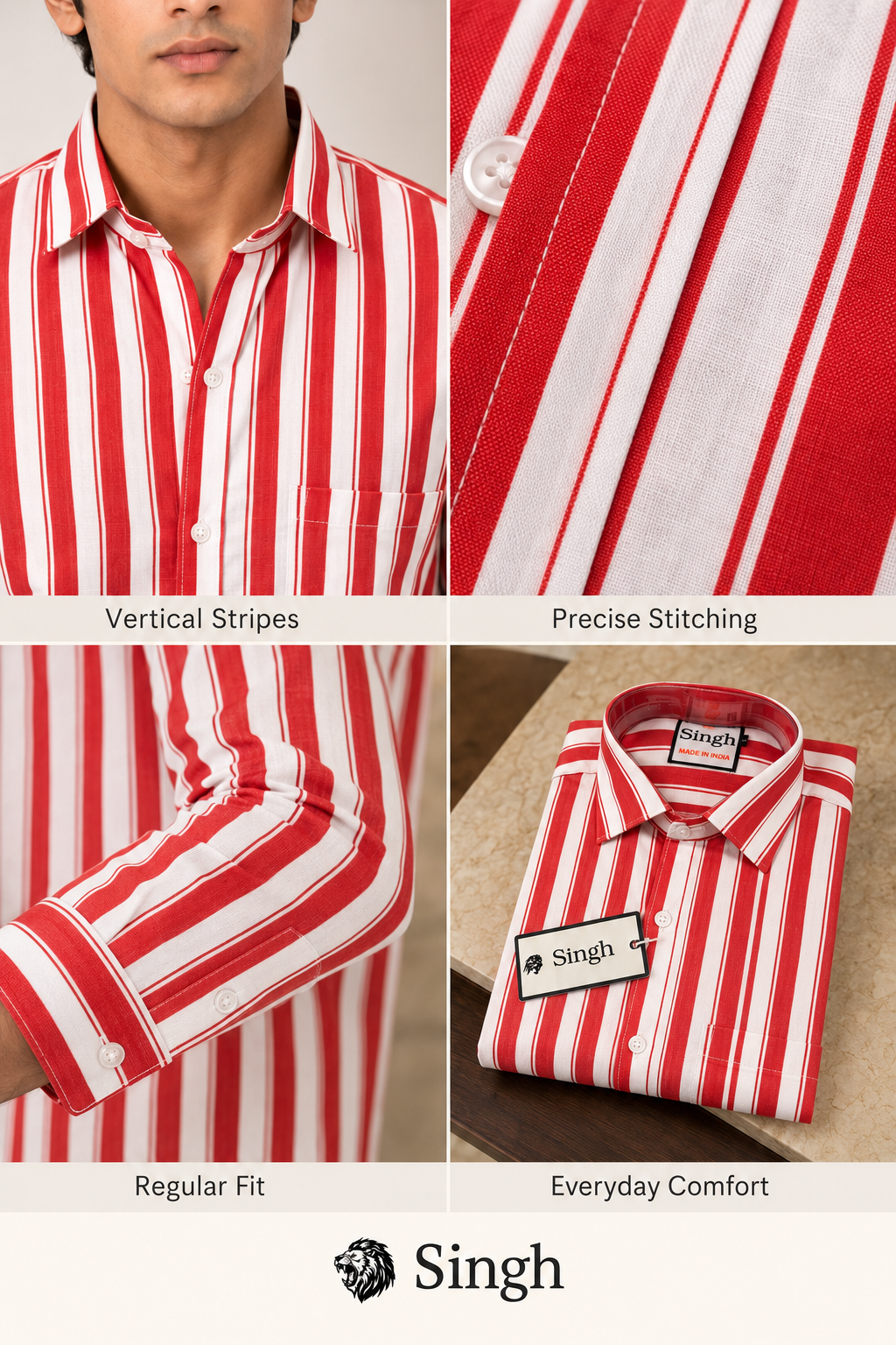 SINGH red striped shirt FG06620-8 collar fabric cuff and folded details