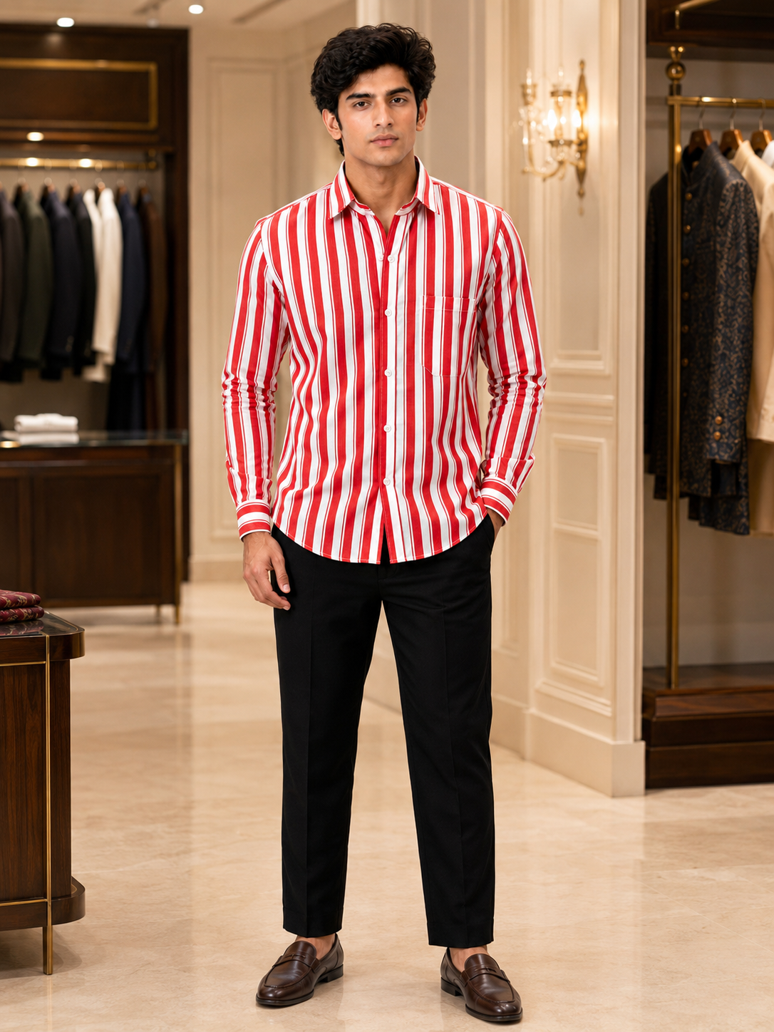 SINGH red and white striped men's shirt FG06620-8 full front lifestyle view