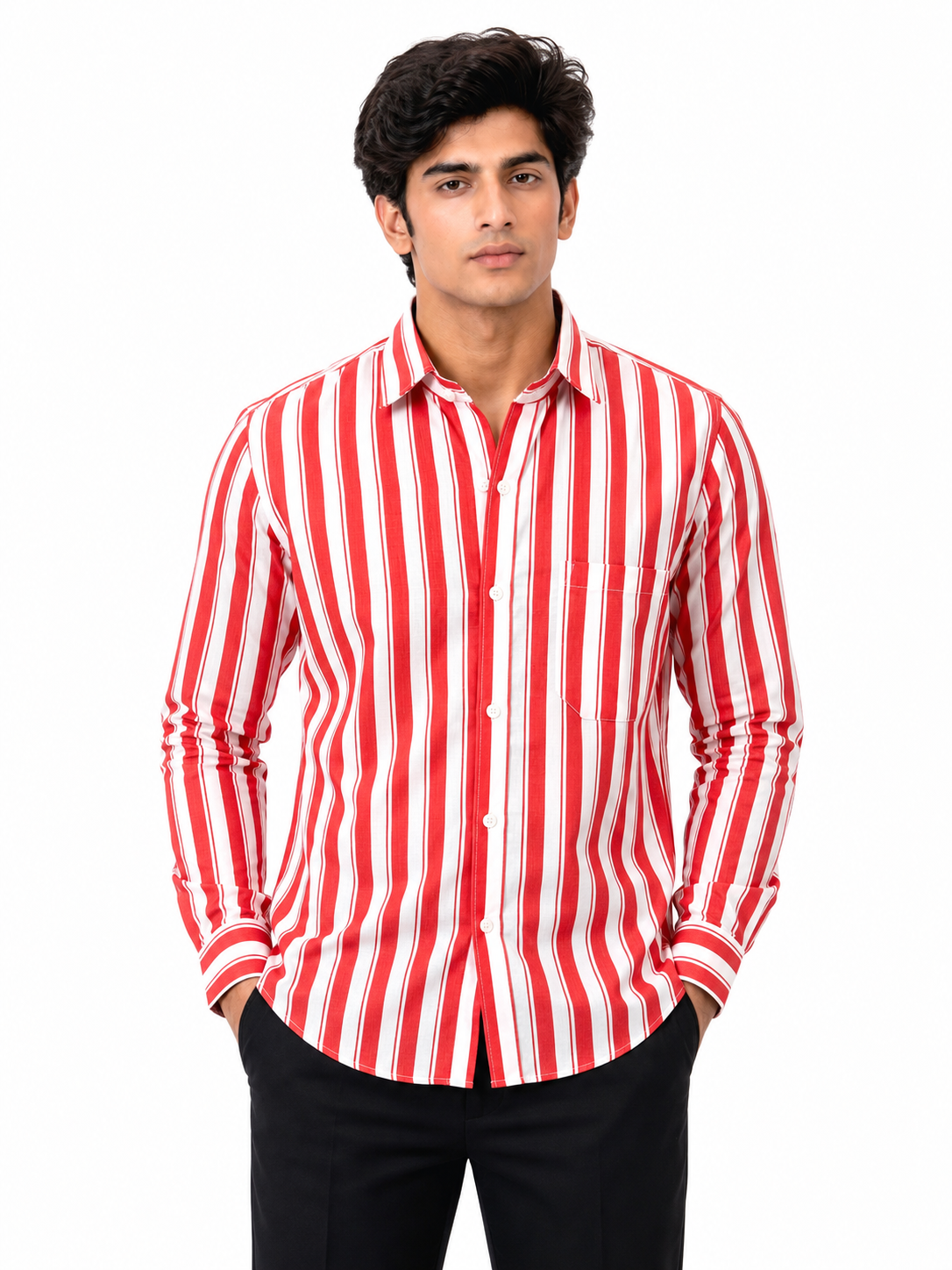 SINGH red and white striped full sleeve men's shirt FG06620-8 front view