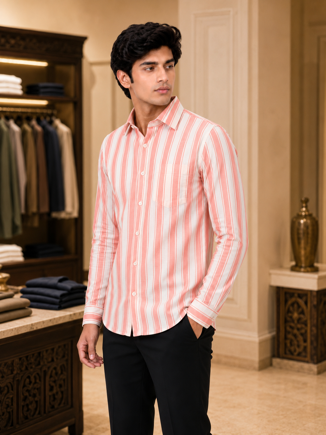 SINGH red and white striped shirt FG06620-9 45 degree fit view