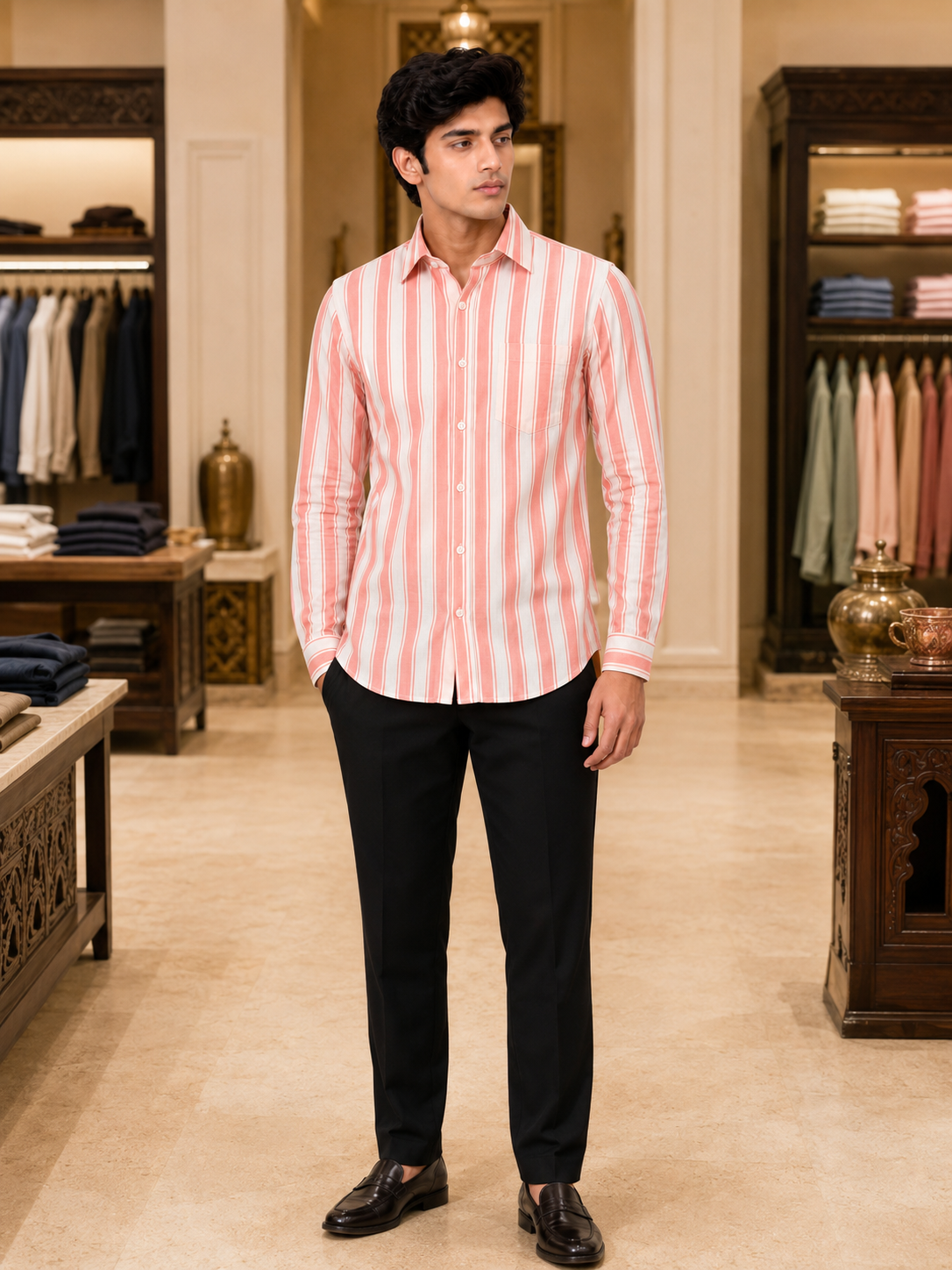 SINGH red and white striped men's shirt FG06620-9 full front lifestyle view