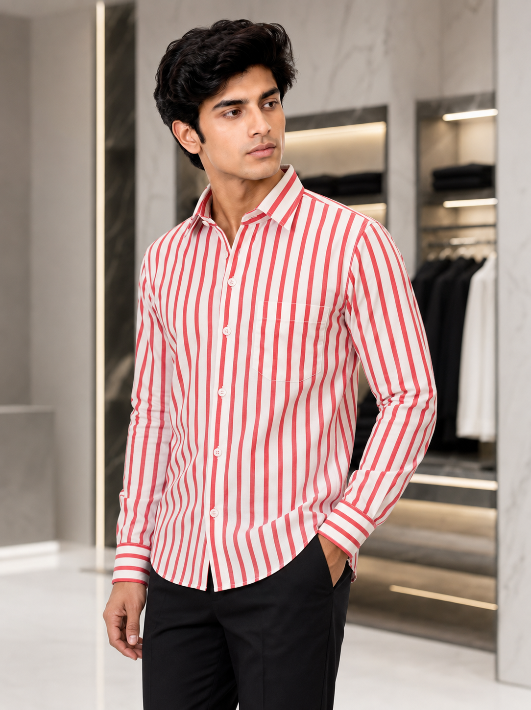 SINGH red and white striped men's shirt 45 degree side view