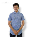Sanganeri print men's shirt by Modern Marwar in blue featuring short sleeves and a classic collar