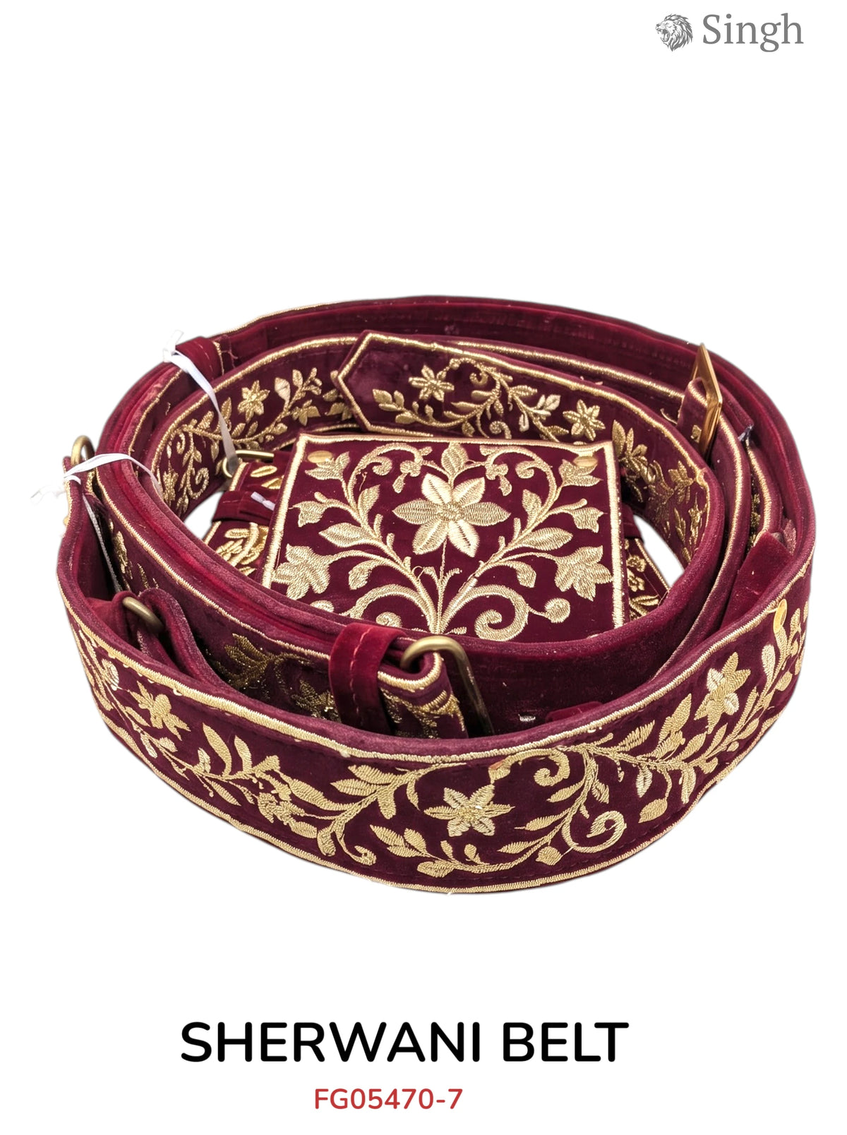Accessories burgundy velvet Sherwani belt with gold embroidery SINGH SHERWANI BELT-2800-7