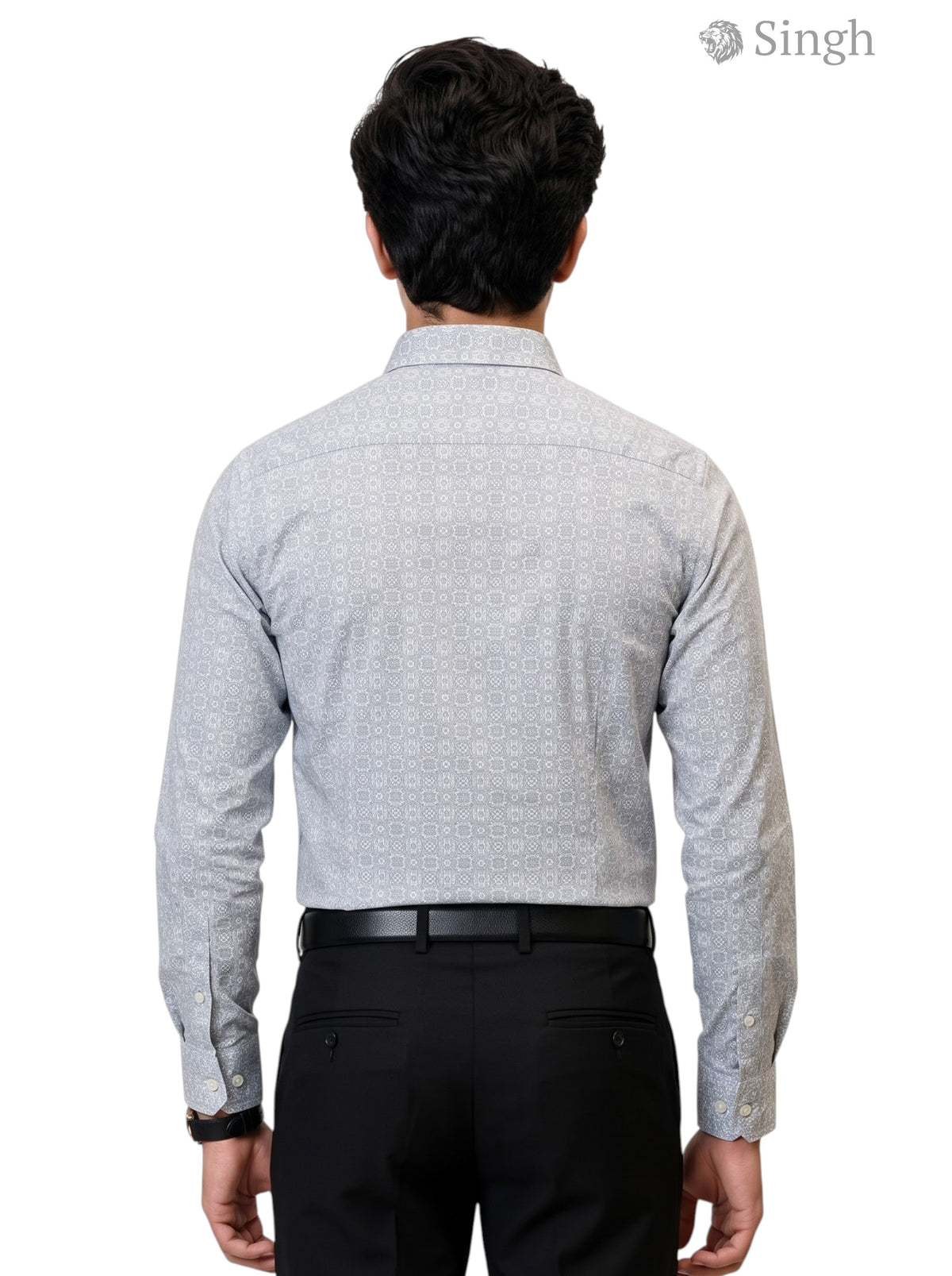 Men's grey patterned shirt from SINGH in cotton, back view showcasing the stylish design - SINGH SHIRT(MENS)-1505-8-L