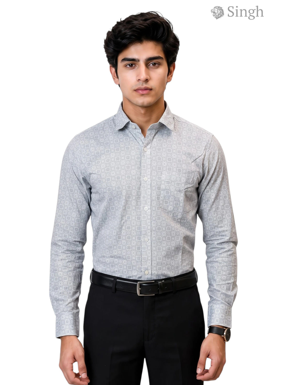 Men's light gray patterned cotton shirt in front view, SINGH SHIRT(MENS)-1505-8-L