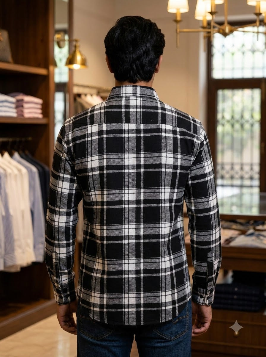 Men's black and white plaid shirt in fabric, back view of Singh Shirt (Mens)-5029-3