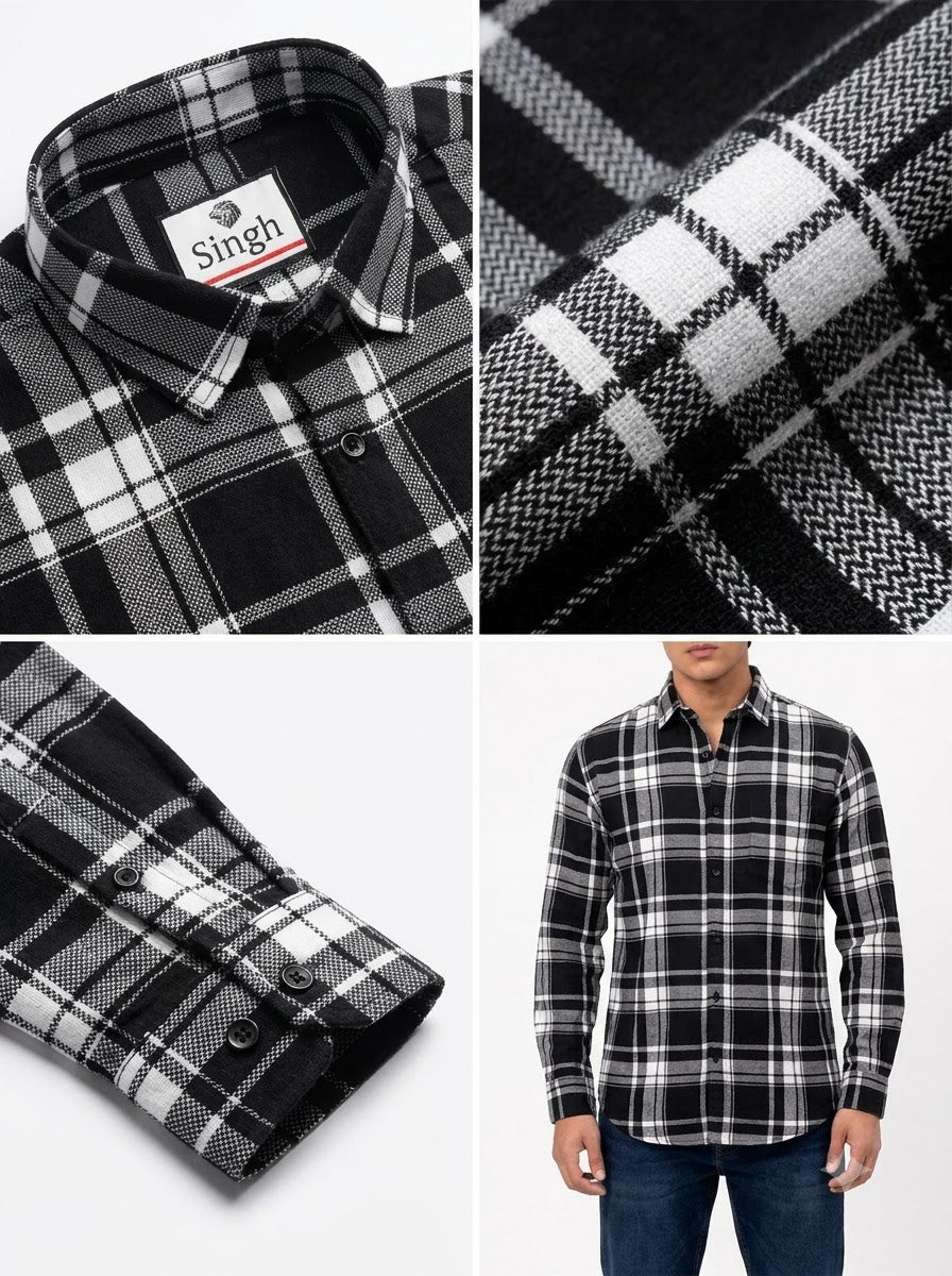 Men's black plaid flannel Singh Shirt (Mens)-5029-3 shown from multiple angles with close-up details.