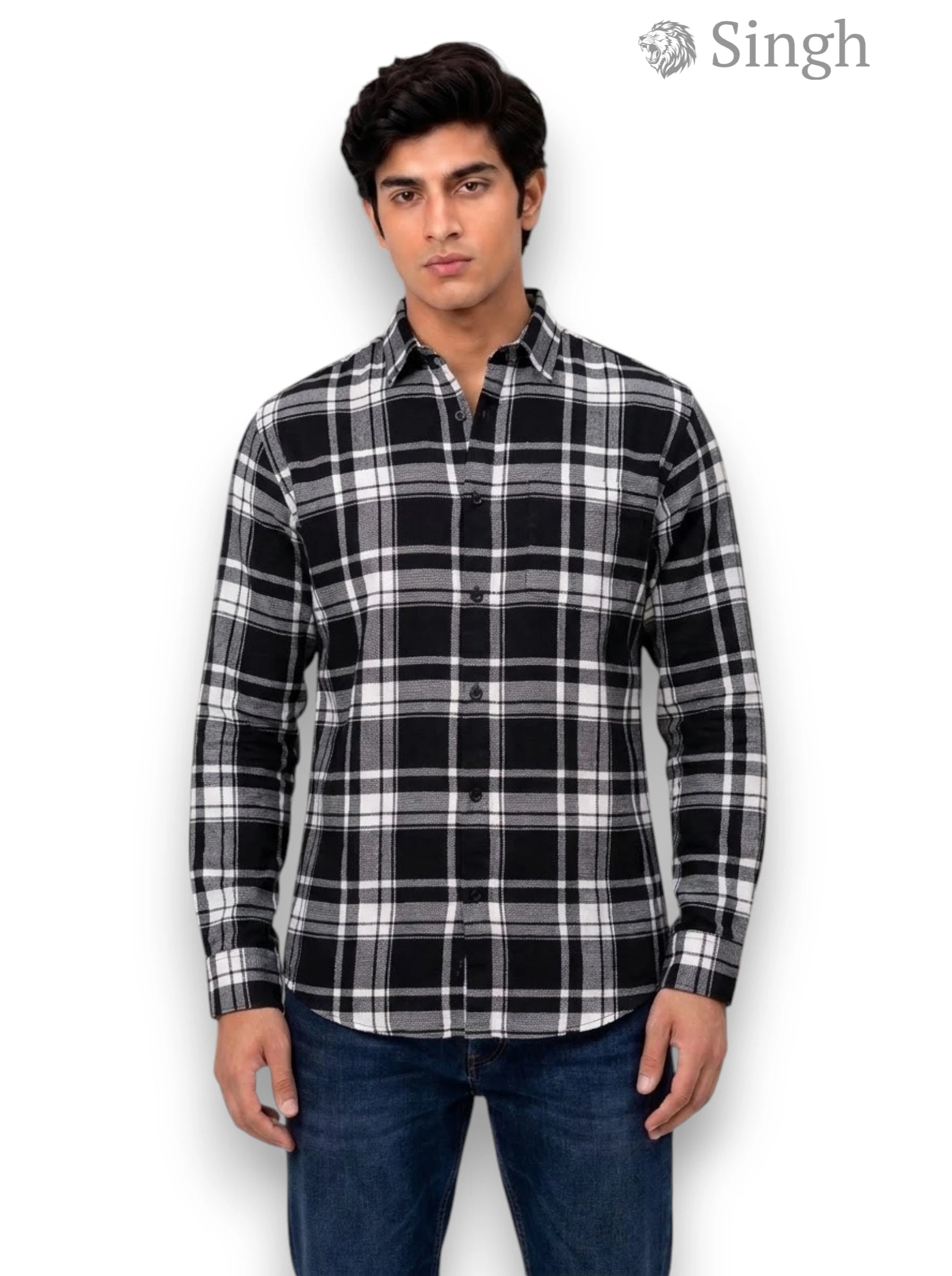 Men's black and white checkered Singh Shirt (Mens)-5029-3 in a front view with a relaxed fit