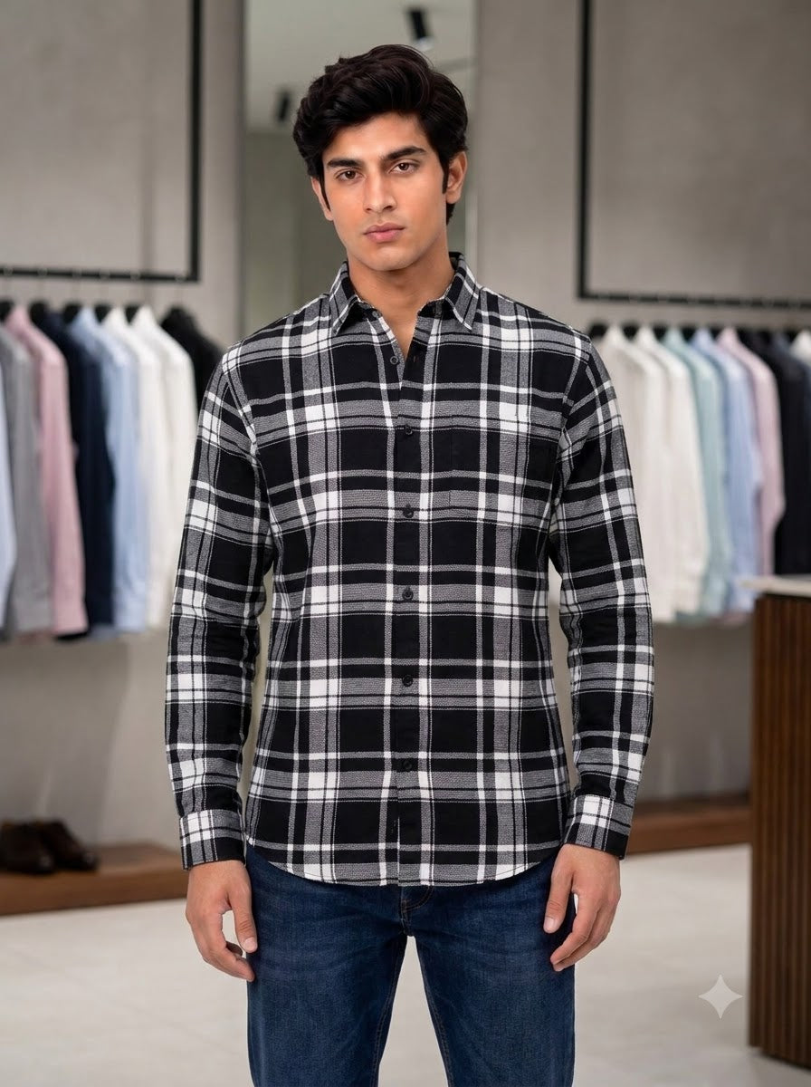 Men's black and white plaid cotton shirt front view - Singh Shirt (Mens)-5029-3