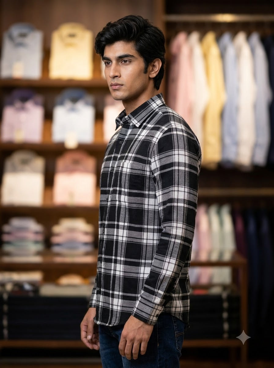 Men's black and white plaid Singh Shirt (Mens)-5029-3 in a retail display environment