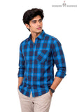 Men's blue checkered cotton shirt from SINGH shirt(mens) styled with rolled sleeves