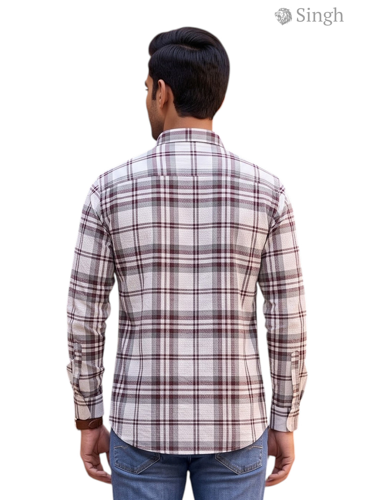 Men's plaid shirt in cream and burgundy fabric from the back, Singh Shirt Premium POPCORN 2P-5044-12-XL