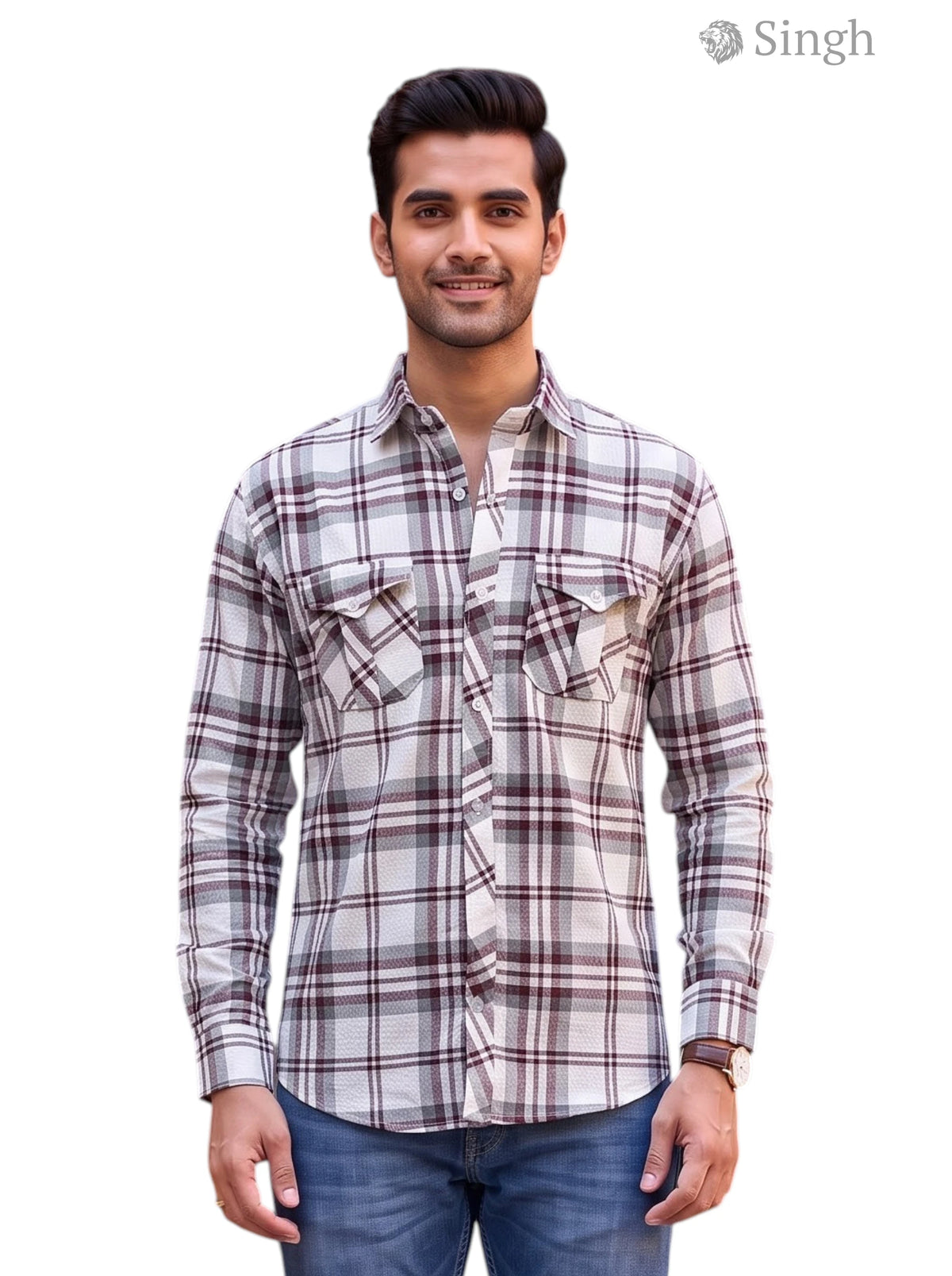 Men's plaid shirt in brown and white, cotton fabric, featuring two chest pockets, Singh Shirt Premium POPCORN 2P-5044-12-XL