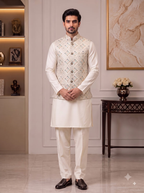 Traditional ivory kurta set with diamond pattern, featured by SINGH SIMPLE KOTI-20-102-1-40 Royal Weddings