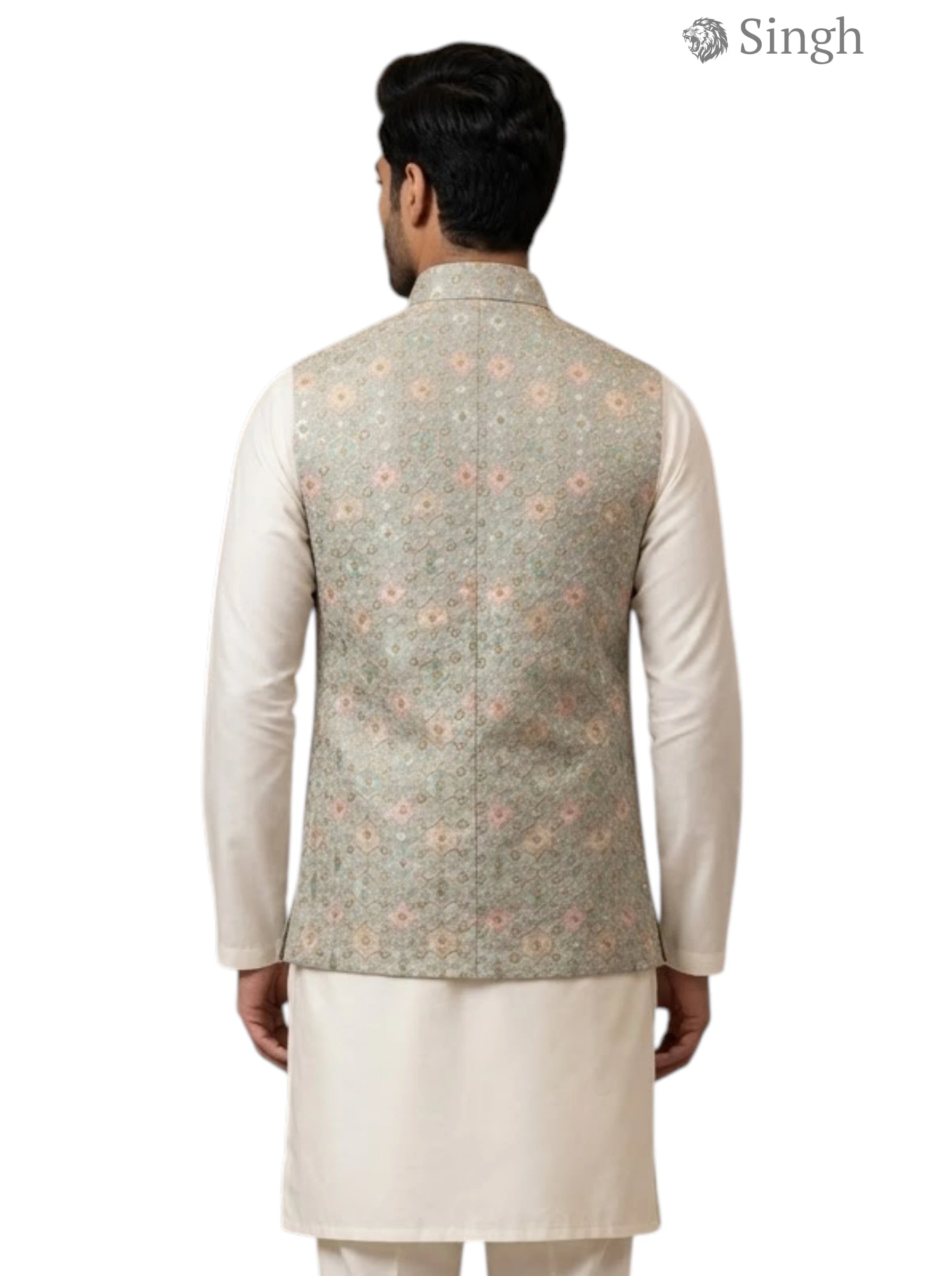 Back view of Singh Simple Koti-20-102-3-38 in light green fabric, perfect for Royal Weddings