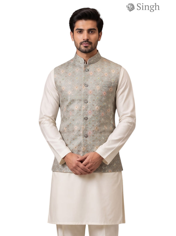 Traditional cream men's kurta with light green silk Singh Simple Koti-20-102-3-38 for Royal Weddings