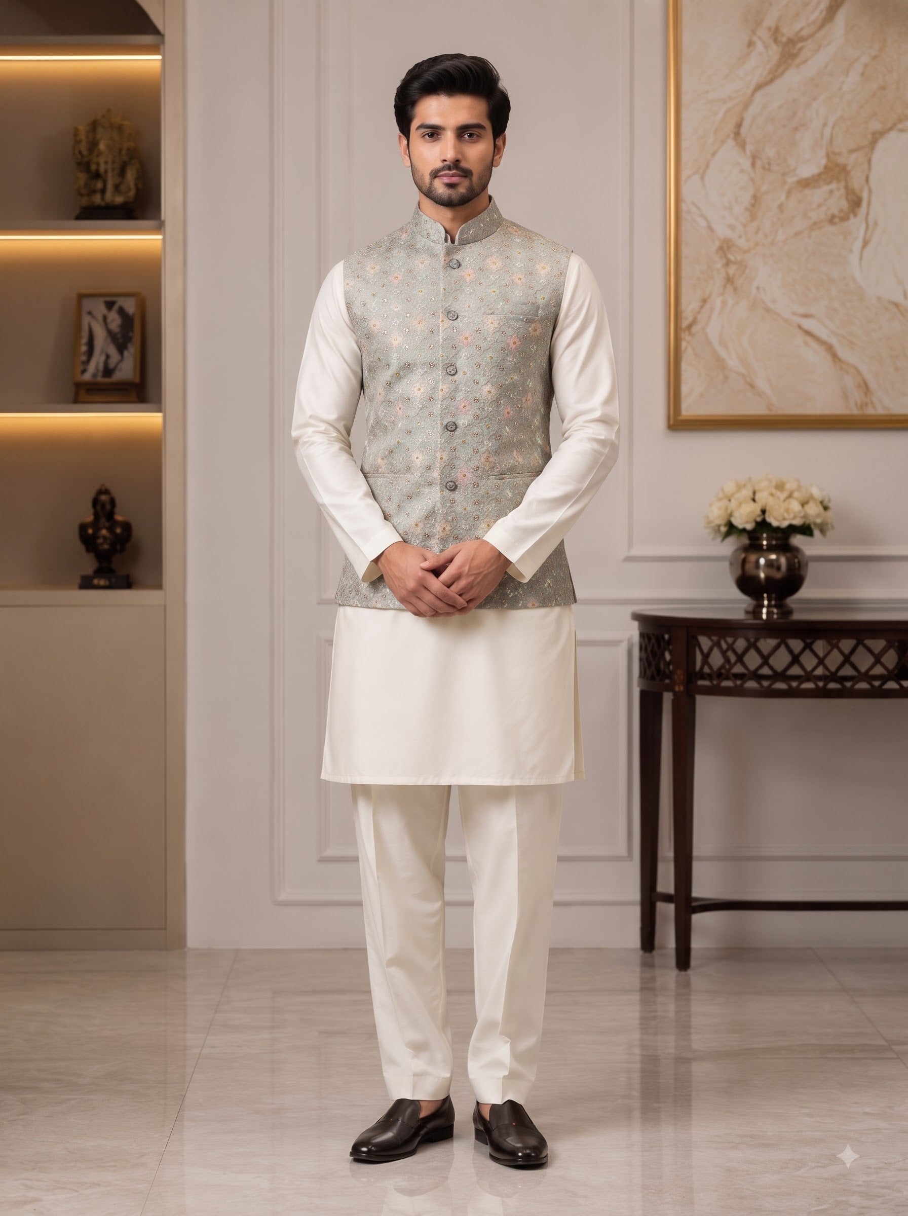 Traditional Cream Singh Simple Koti-20-102-3-38 in Silk for Royal Weddings, Model Standing Front View