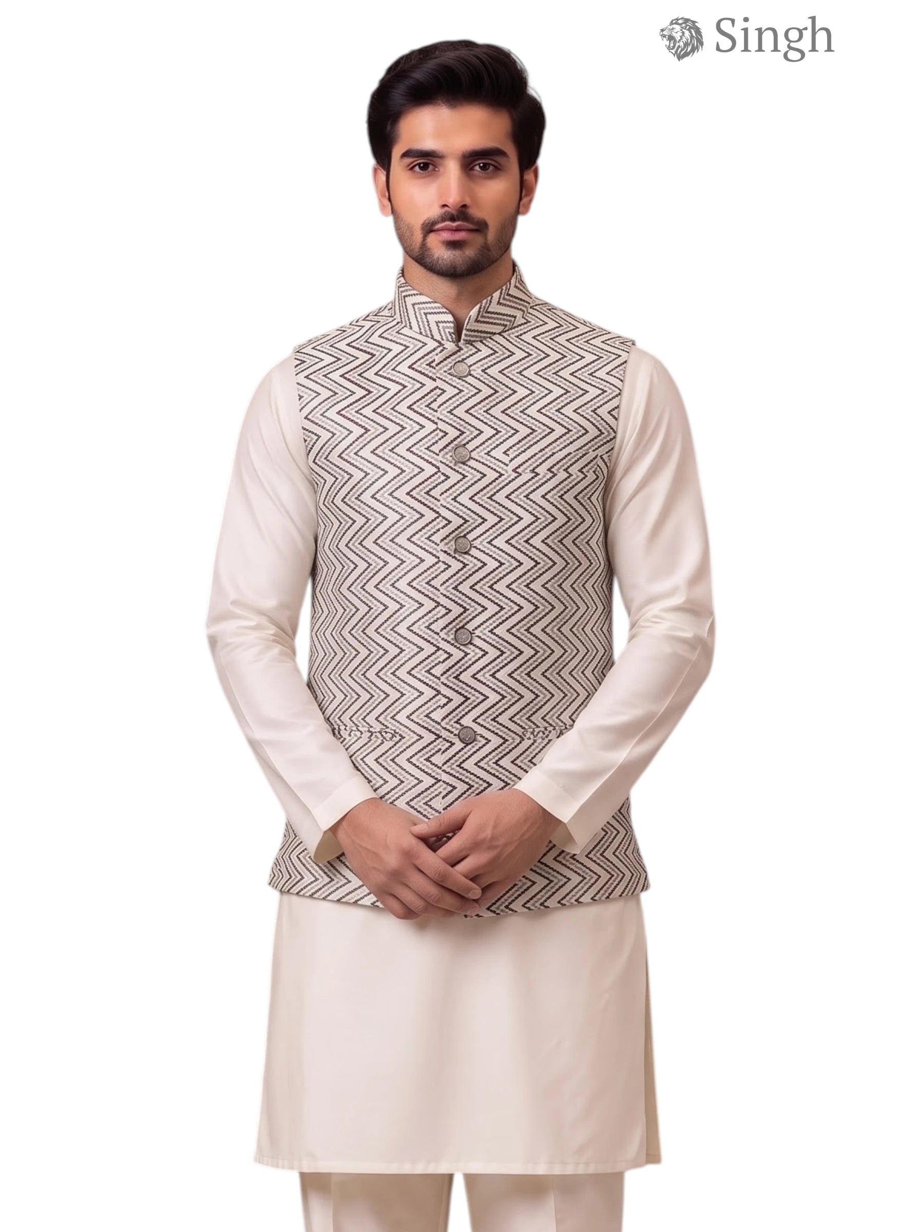 Ethnic Indo-Western Singh SIMPLE KOTI-20-102-4-40 Royal Weddings in cream with zigzag pattern