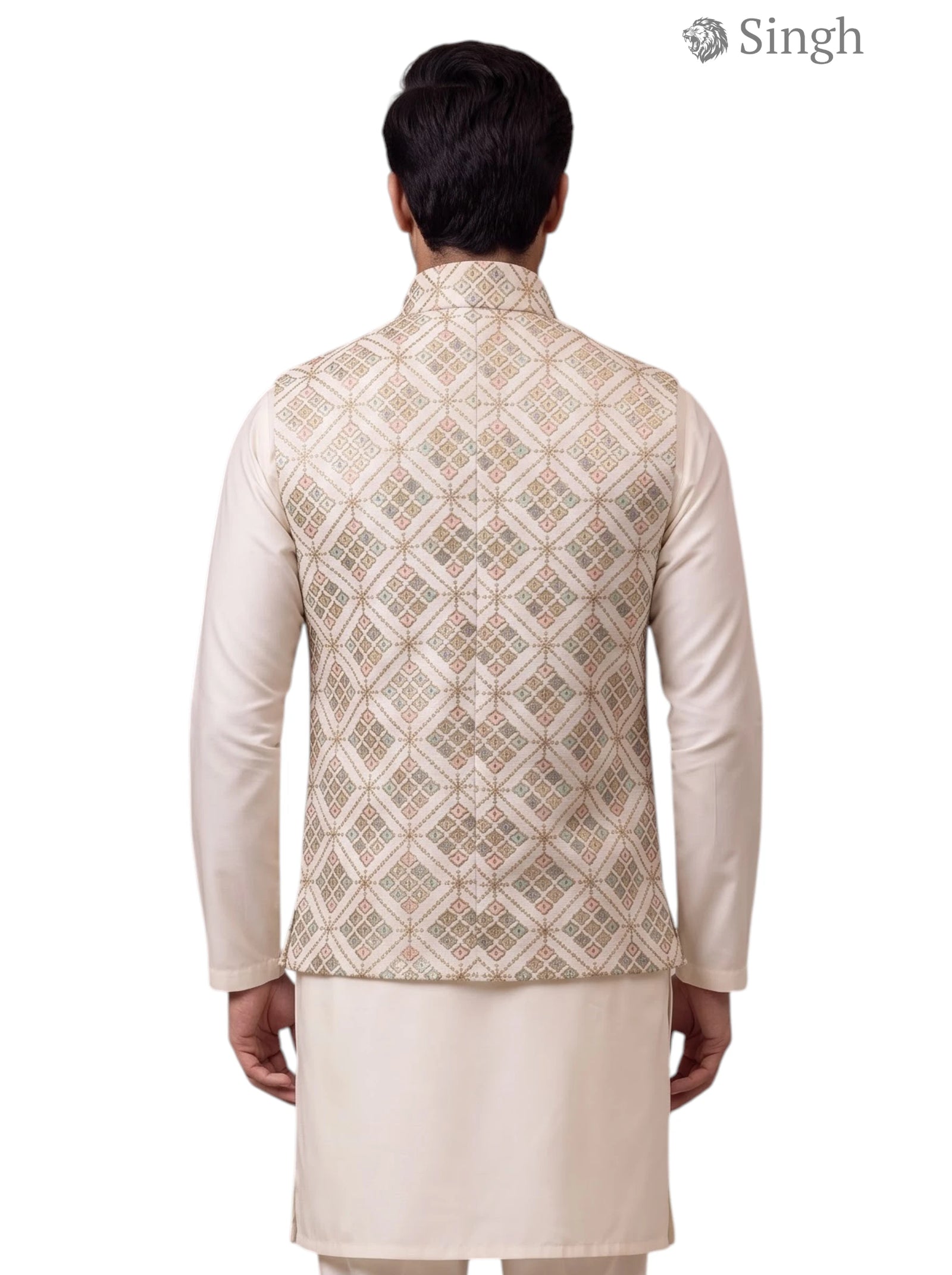 Modern Marwar Beige Cotton Kurta with Geometric Pattern at Back for Singh SIMPLE KOTI-20-102-6-40 Royal Weddings