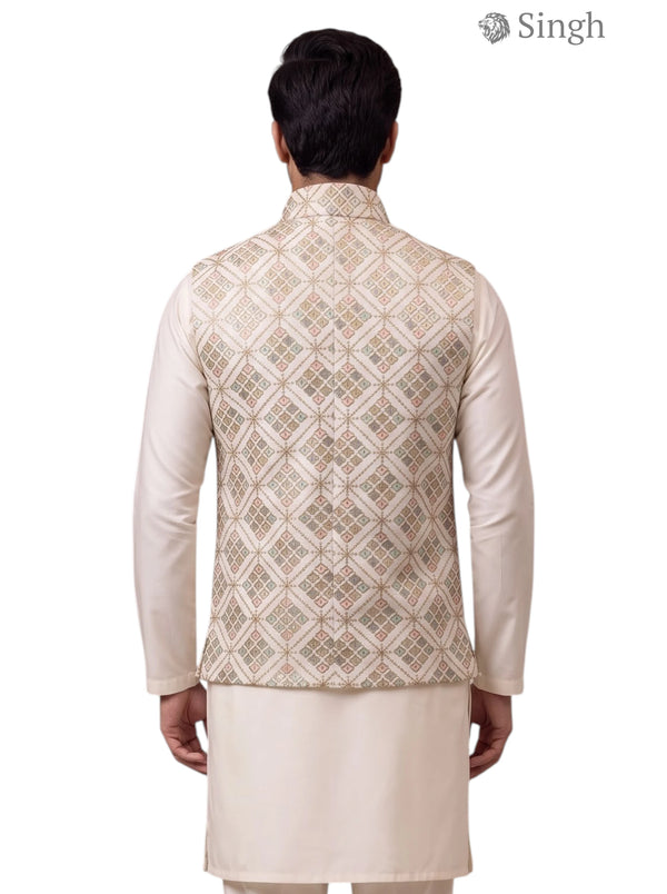 Modern Marwar Beige Cotton Kurta with Geometric Pattern at Back for Singh SIMPLE KOTI-20-102-6-40 Royal Weddings