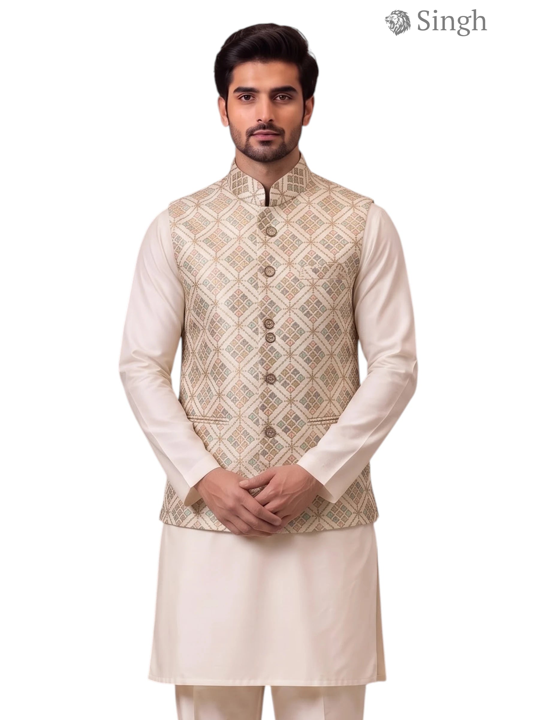 Kurta in cream color with intricate fabric design from Modern Marwar for Singh SIMPLE KOTI-20-102-6-40 Royal Weddings