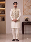 Men's ivory attire with a golden geometric design, Singh SIMPLE KOTI-20-102-6-40 Royal Weddings collection