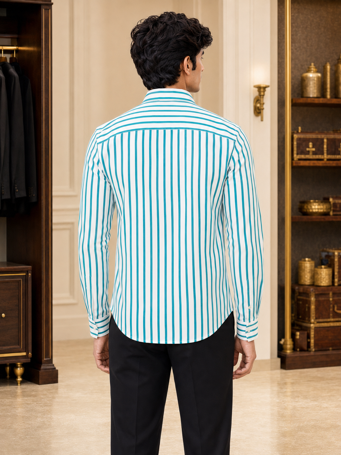 SINGH turquoise and white striped men's shirt back view