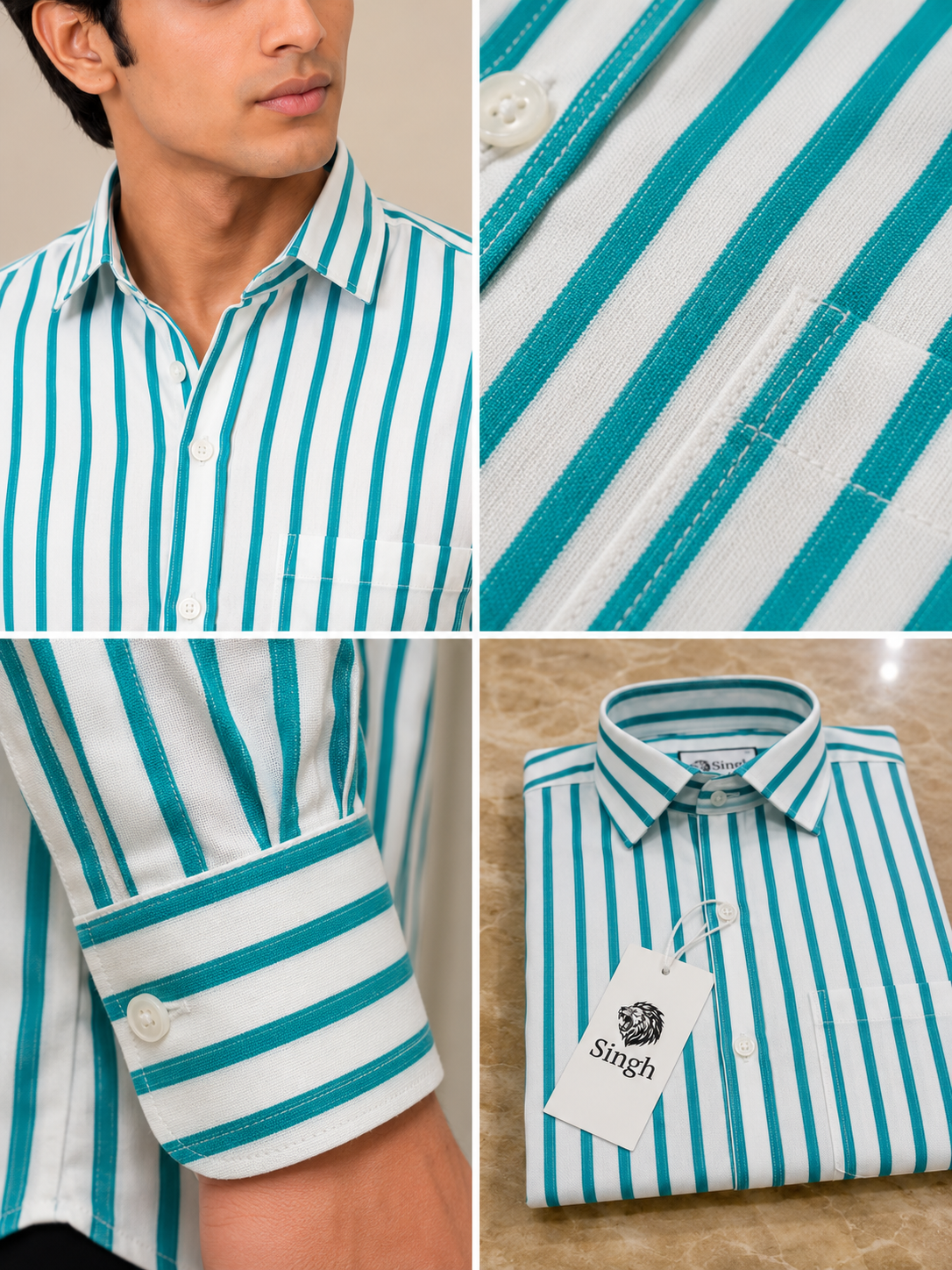 SINGH turquoise and white striped shirt collar fabric cuff and folded details