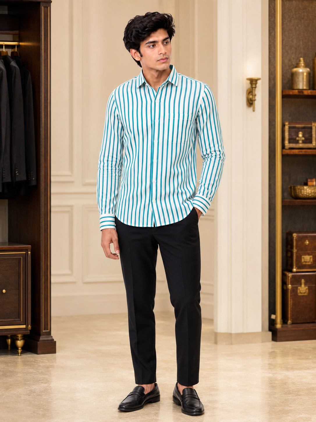SINGH turquoise and white striped men's shirt full front lifestyle view