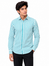 SINGH turquoise and white striped men's shirt front view on model