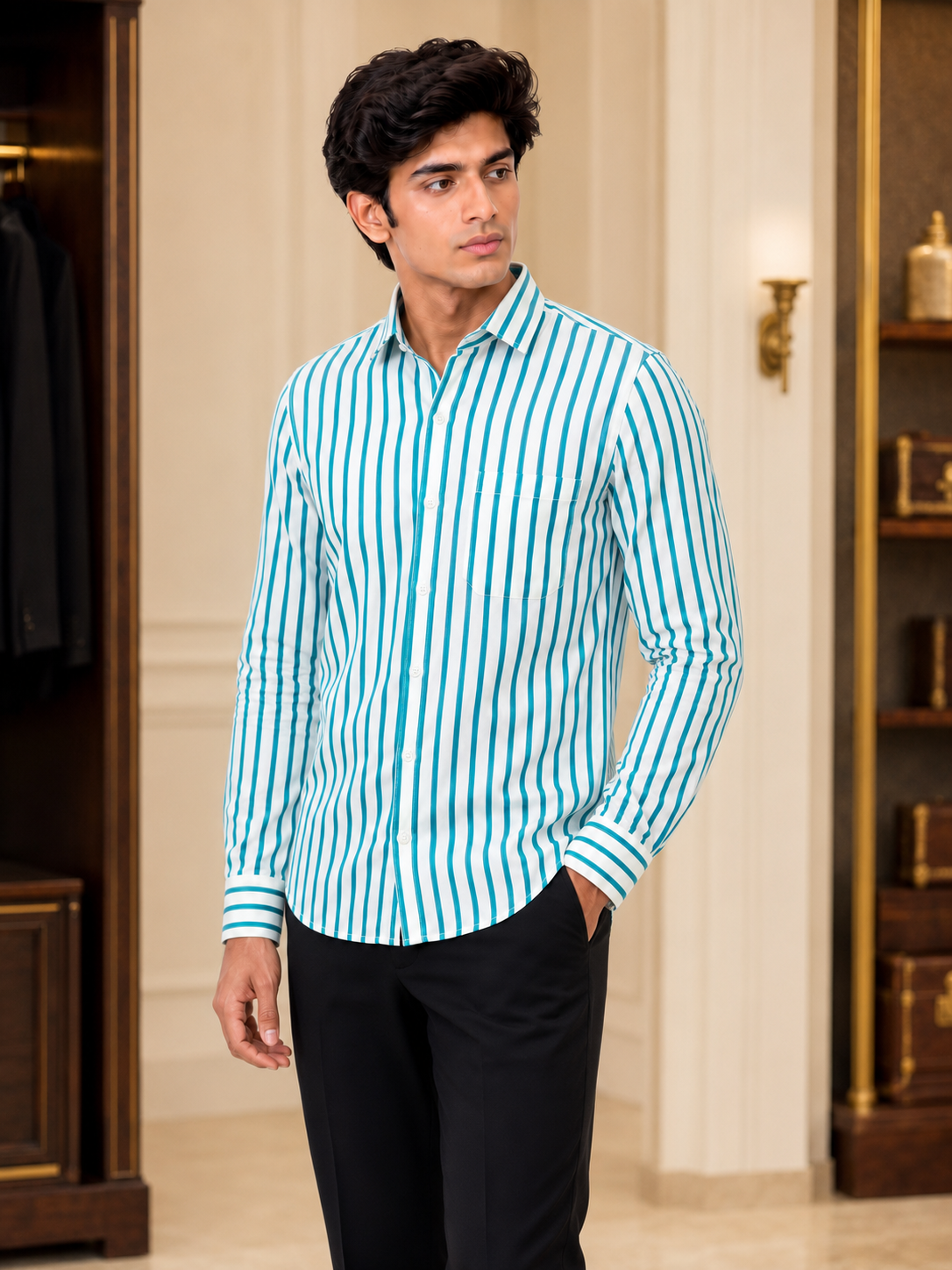 SINGH turquoise and white striped men's shirt 45 degree side view