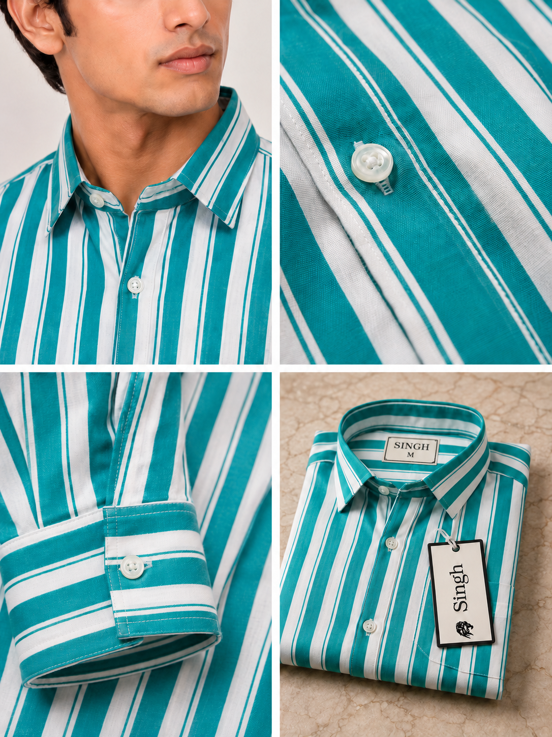 SINGH turquoise striped shirt FG06620-4 collar fabric cuff and folded details