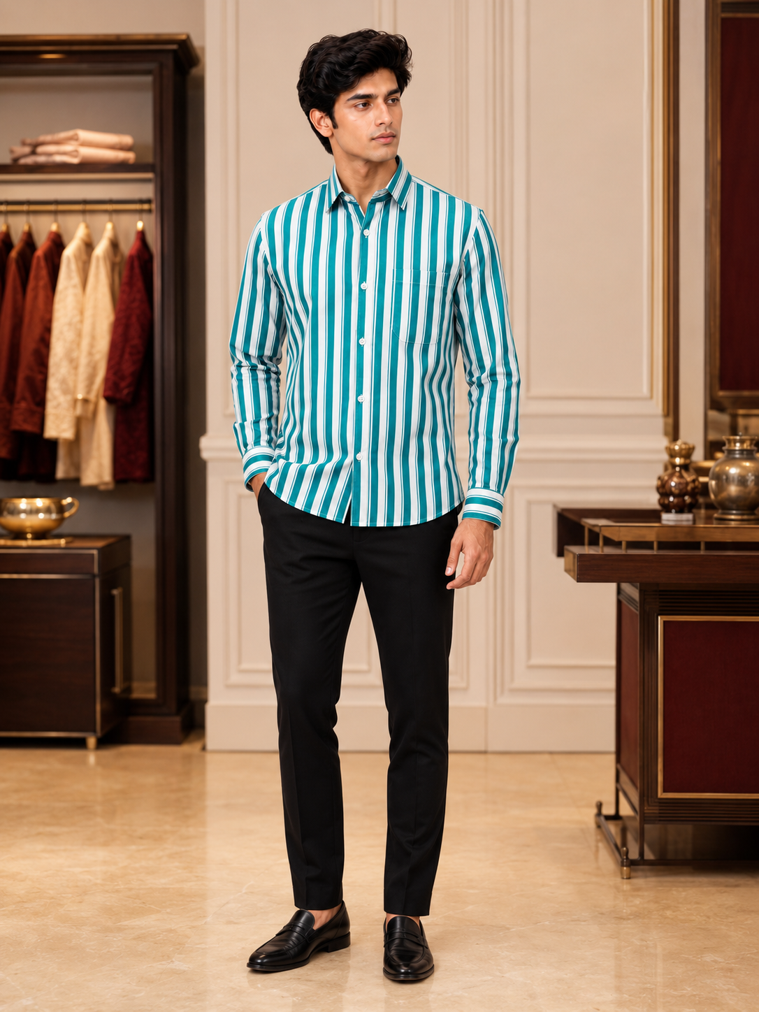 SINGH turquoise and white striped men's shirt FG06620-4 full front lifestyle view