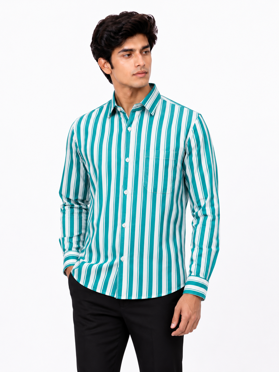 SINGH turquoise and white striped full sleeve men's shirt FG06620-4 front view