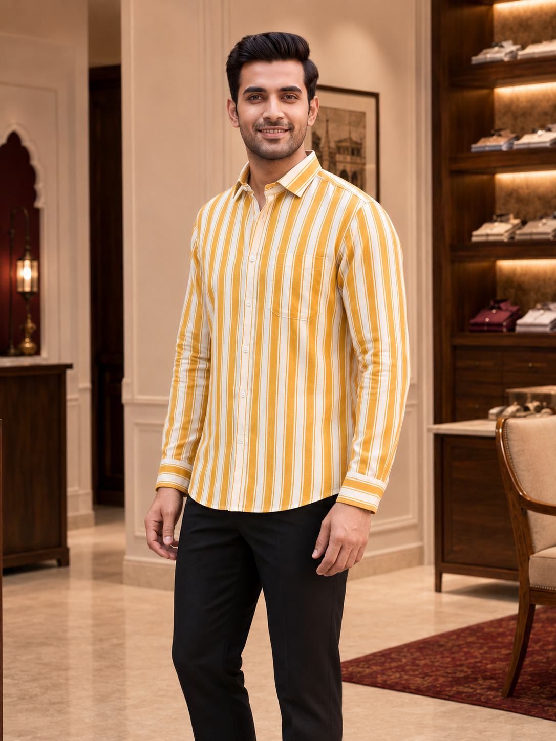 SINGH yellow and white striped shirt 15-114-10 45 degree fit view