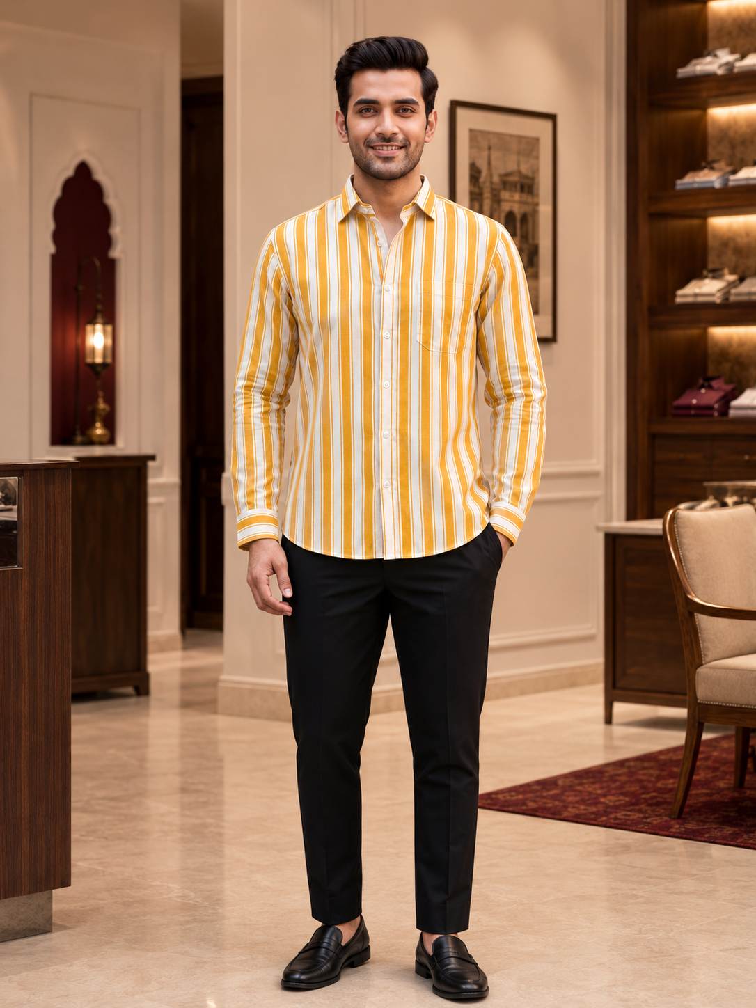 SINGH yellow striped men's shirt 15-114-10 full front lifestyle view