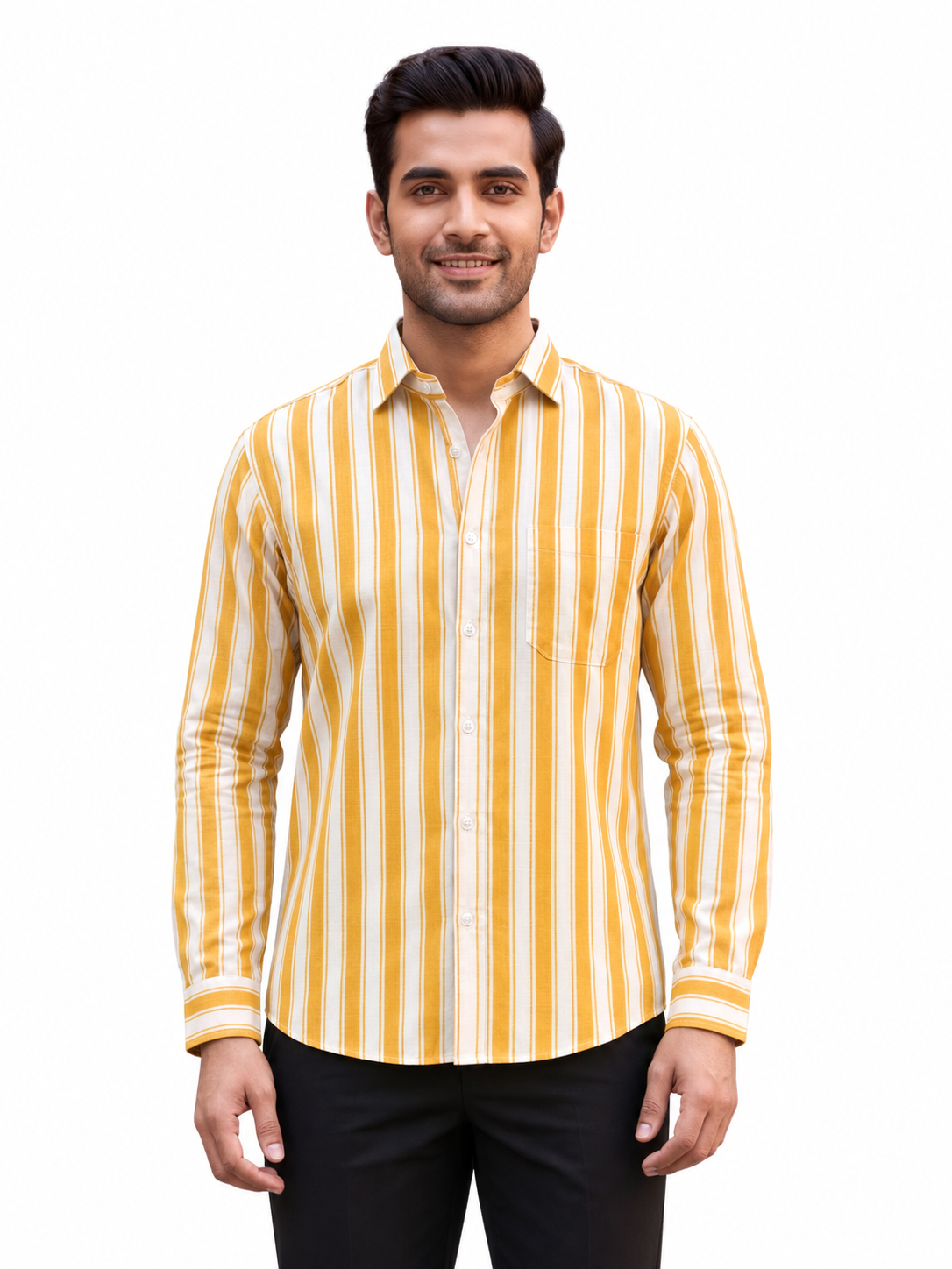 SINGH yellow and white striped full sleeve men's shirt 15-114-10 front view