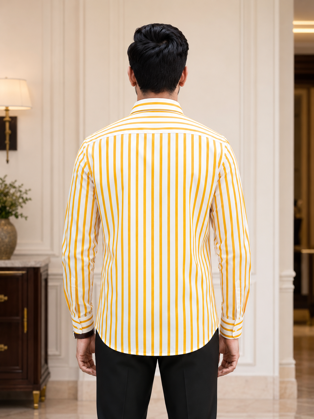SINGH yellow striped men's shirt back view